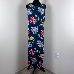 Vintage Dress Womens Large Maxi Floral Tropical 90s Retro USA Made Blue